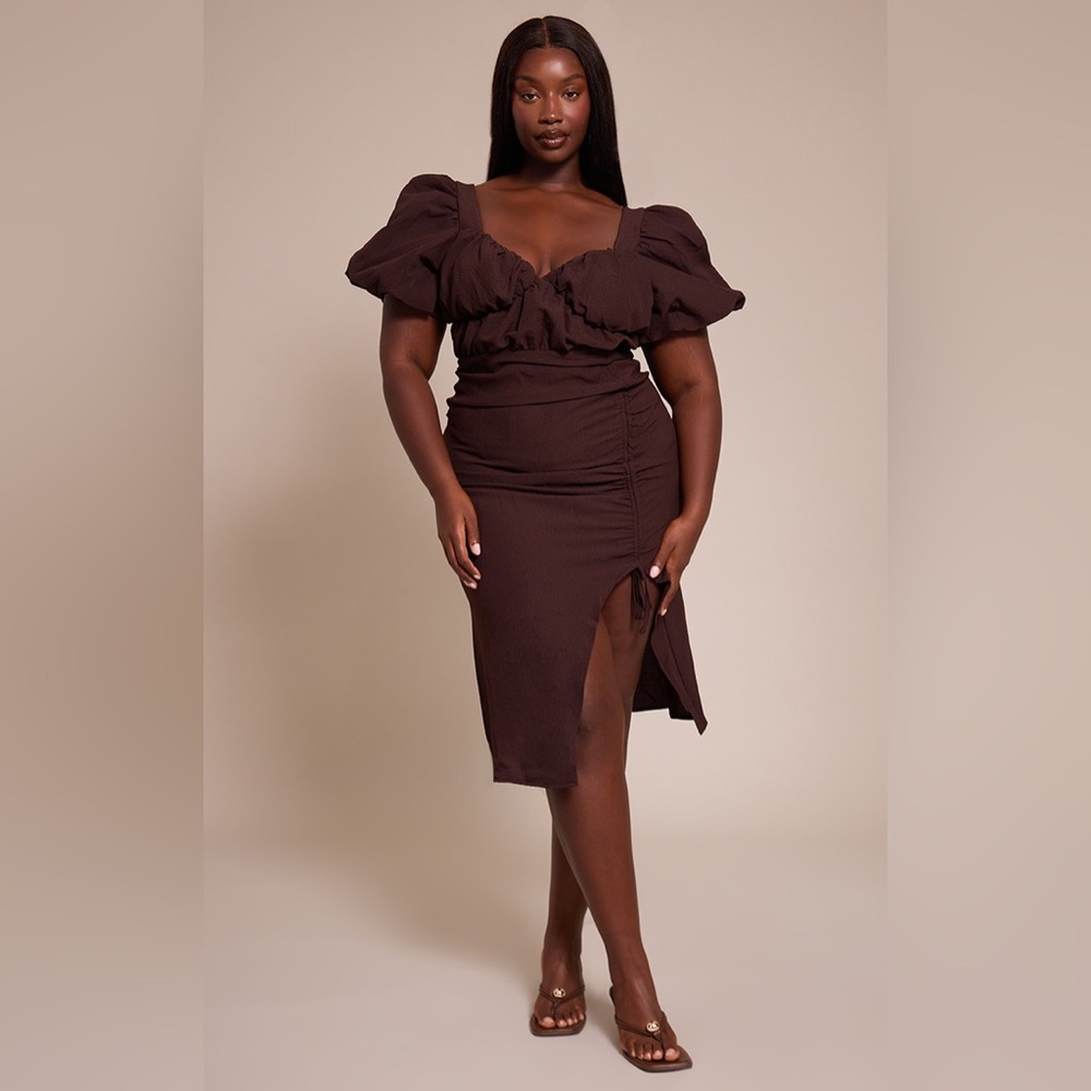 NWT Pretty Little Thing Brown Puff Sleeve Ruched Side Split Midi Dress - 20 Plus